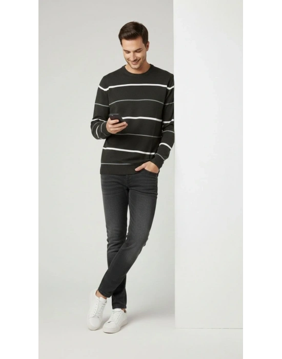 Erkek Bisiklet Yaka Cizgili Triko Kazak yumuşak dokulu Pamuklu ince Dokuma uzun - Füme