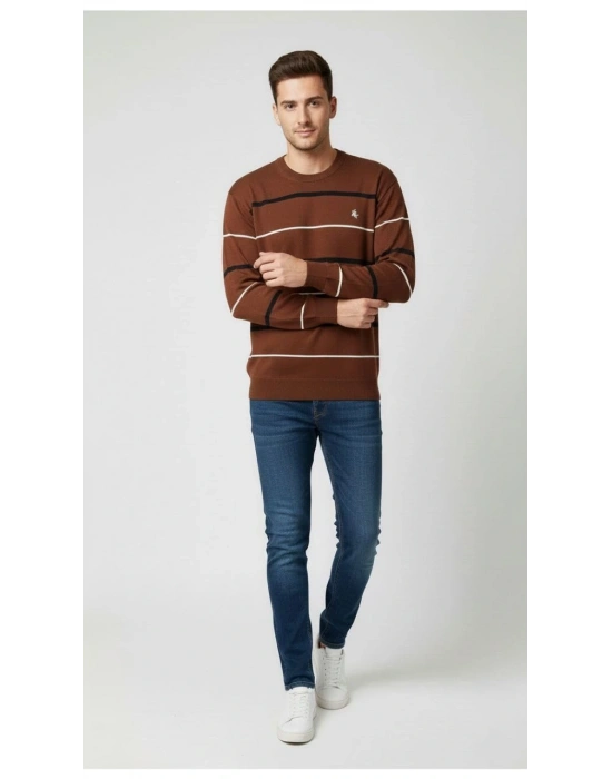 Erkek Bisiklet Yaka Cizgili Triko Kazak yumuşak dokulu Pamuklu ince Dokuma - Kahverengi