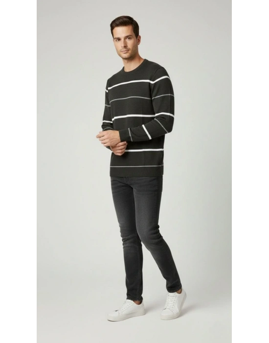 Erkek Bisiklet Yaka Cizgili Triko Kazak yumuşak dokulu Pamuklu ince Dokuma uzun - Füme