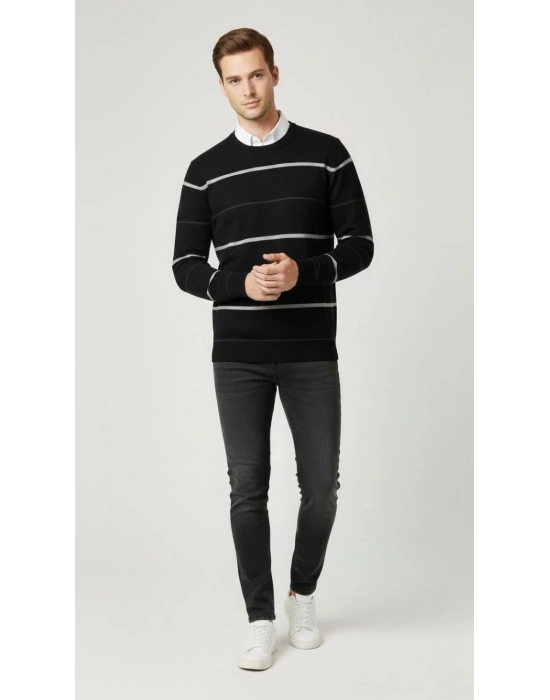 Erkek Bisiklet Yaka Cizgili Triko Kazak yumuşak dokulu Pamuklu ince Dokuma uzun - Siyah