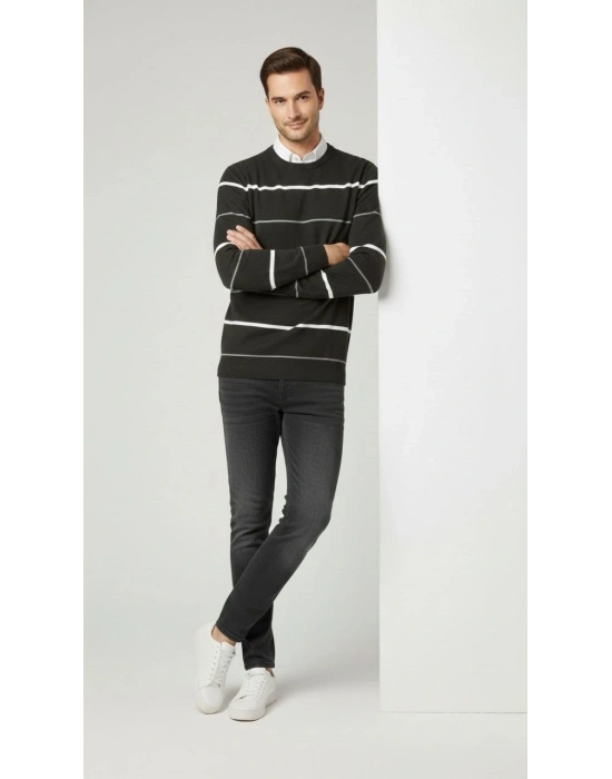 Erkek Bisiklet Yaka Cizgili Triko Kazak yumuşak dokulu Pamuklu ince Dokuma uzun - Füme