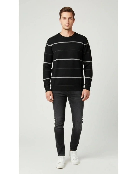 Erkek Bisiklet Yaka Cizgili Triko Kazak yumuşak dokulu Pamuklu ince Dokuma uzun - Siyah