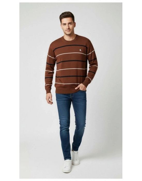 Erkek Bisiklet Yaka Cizgili Triko Kazak yumuşak dokulu Pamuklu ince Dokuma - Kahverengi