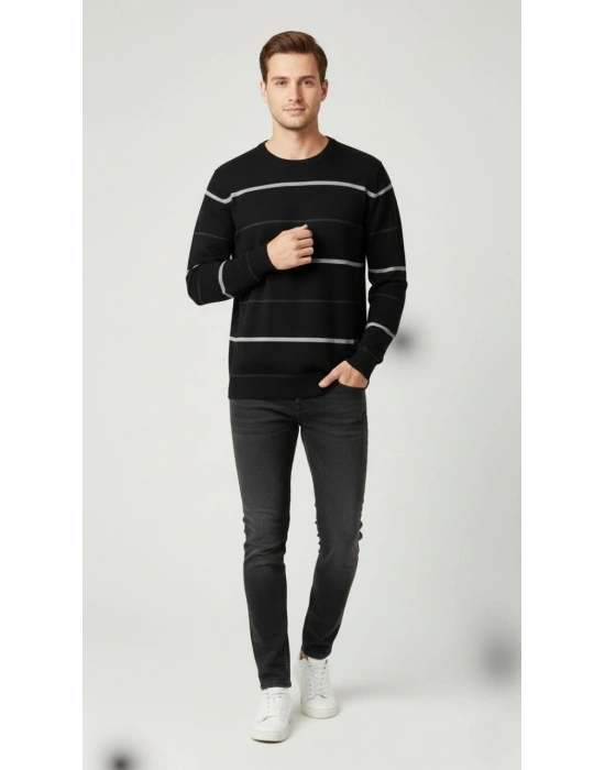 Erkek Bisiklet Yaka Cizgili Triko Kazak yumuşak dokulu Pamuklu ince Dokuma uzun - Siyah