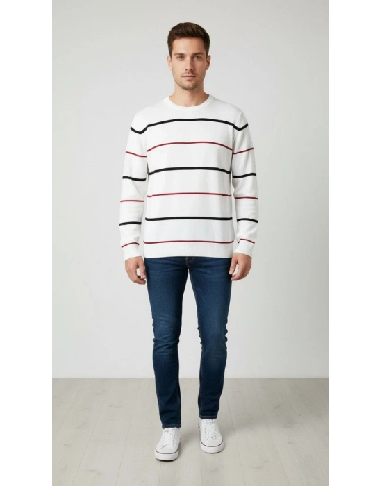 Erkek Bisiklet Yaka Cizgili Triko Kazak yumuşak dokulu Pamuklu ince Dokuma uzun - Beyaz