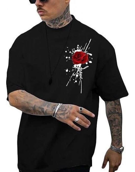 Erkek Bisiklet Yaka Kısa Kol Baskılı T-shirt - Siyah