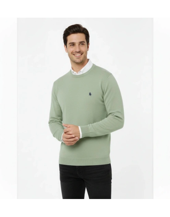 Erkek Bisiklet Yaka Nakış işlemeli Triko Kazak yumuşak dokulu Pamuklu ince - Mint Yeşili