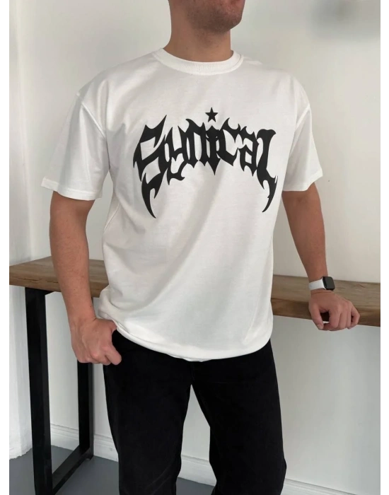 Erkek Bisiklet Yaka Ön Baskılı Kısa Kollu Tişört Streetwear Günlük Basic Pamuklu T-shirt - Beyaz