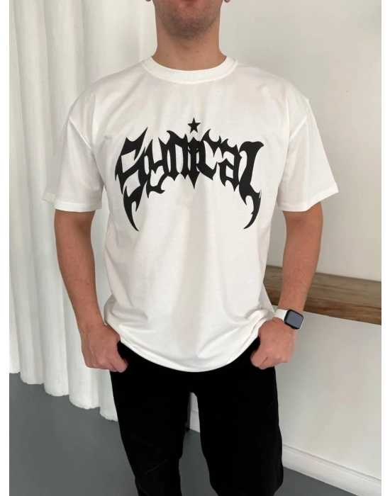 Erkek Bisiklet Yaka Ön Baskılı Kısa Kollu Tişört Streetwear Günlük Basic Pamuklu T-shirt - Beyaz