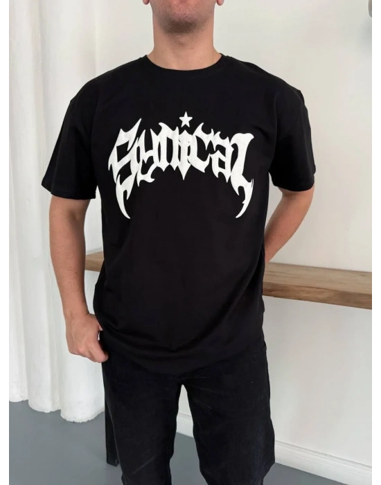 Erkek Bisiklet Yaka Ön Baskılı  Kısa Kollu Tişört Streetwear Günlük Basic Pamuklu T-shirt - Siyah