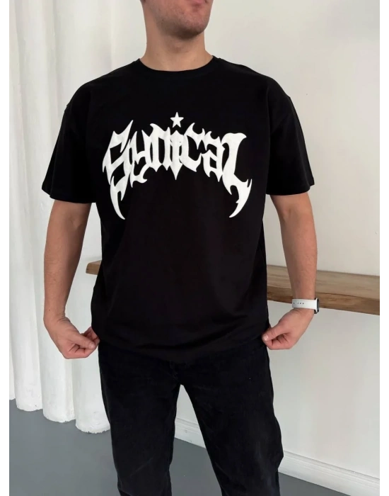 Erkek Bisiklet Yaka Ön Baskılı  Kısa Kollu Tişört Streetwear Günlük Basic Pamuklu T-shirt - Siyah