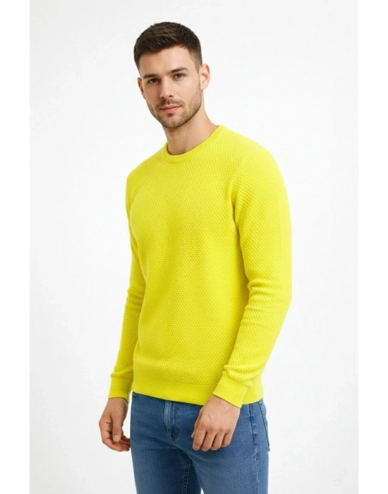 Erkek Bisiklet Yaka Petekli dokulu Triko Kazak Pamuklu ince Dokuma uzun kollu - Sarı