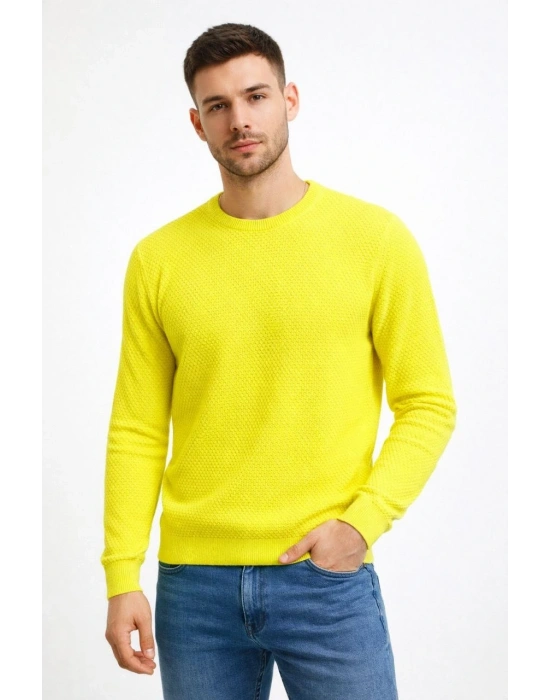 Erkek Bisiklet Yaka Petekli dokulu Triko Kazak Pamuklu ince Dokuma uzun kollu - Sarı