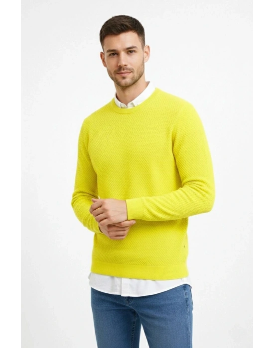 Erkek Bisiklet Yaka Petekli dokulu Triko Kazak Pamuklu ince Dokuma uzun kollu - Sarı