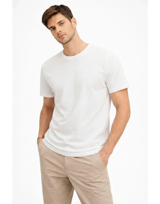 Erkek Bisiklet Yaka Tişört Regular Kalıp Basic Pamuklu Günlük Kullanım T-shirt - Beyaz