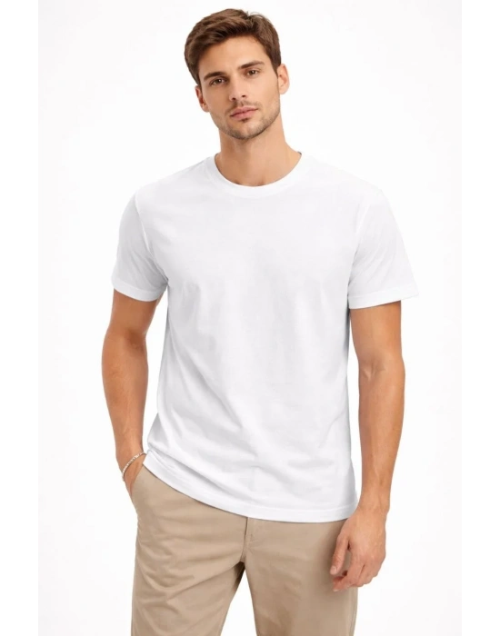 Erkek Bisiklet Yaka Tişört Regular Kalıp Basic Pamuklu Günlük Kullanım T-shirt - Beyaz