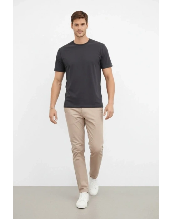 Erkek Bisiklet Yaka Tişört Regular Kalıp Basic Pamuklu Günlük Kullanım T-shirt - Füme