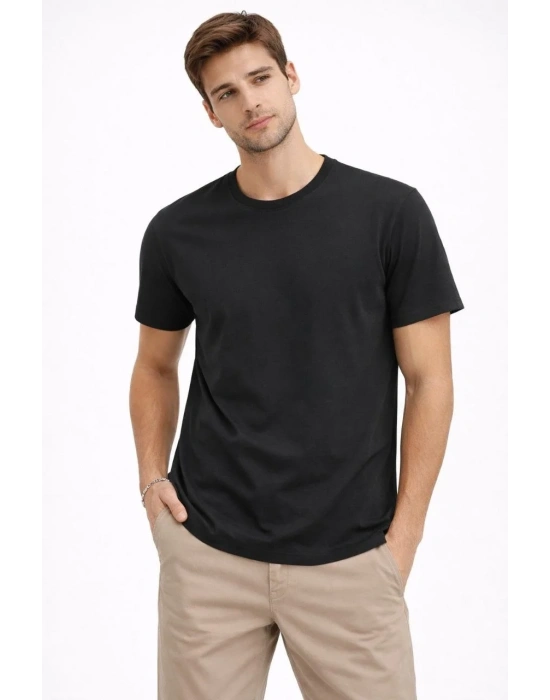 Erkek Bisiklet Yaka Tişört Regular Kalıp Basic Pamuklu Günlük Kullanım T-shirt - Siyah