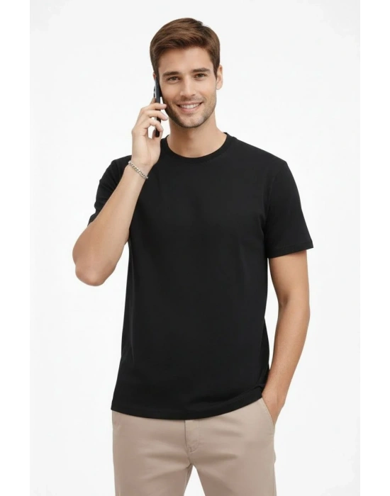 Erkek Bisiklet Yaka Tişört Regular Kalıp Basic Pamuklu Günlük Kullanım T-shirt - Siyah