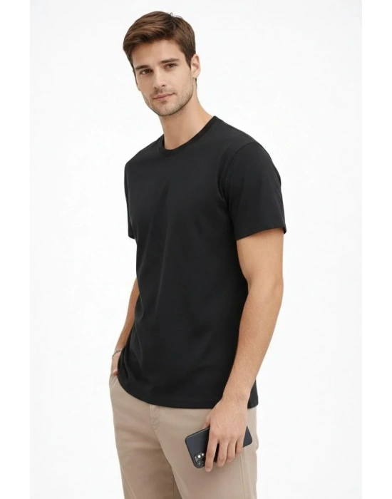 Erkek Bisiklet Yaka Tişört Regular Kalıp Basic Pamuklu Günlük Kullanım T-shirt - Siyah