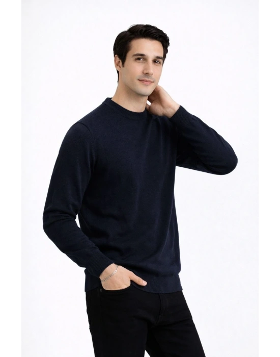 Erkek Bisiklet Yaka Triko Kazak yumuşak dokulu Pamuklu ince Dokuma uzun kollu - Lacivert