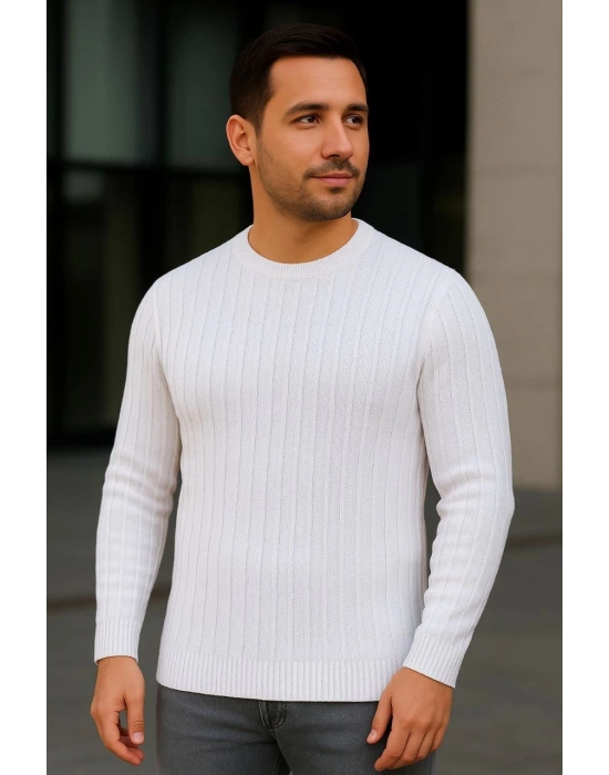 Erkek Bisiklet Yuvarlak Yaka Triko Kazak Pamuklu Kalın Fitilli Dokuma Regular Fit - Beyaz