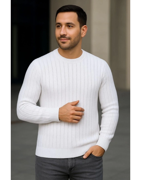 Erkek Bisiklet Yuvarlak Yaka Triko Kazak Pamuklu Kalın Fitilli Dokuma Regular Fit - Beyaz