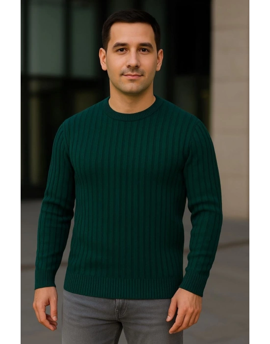 Erkek Bisiklet Yuvarlak Yaka Triko Kazak Pamuklu Kalın Fitilli Dokuma Regular Fit - Haki