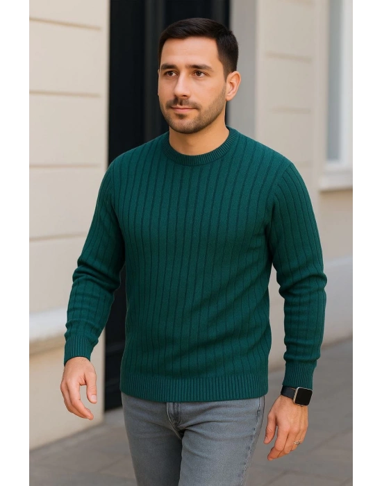 Erkek Bisiklet Yuvarlak Yaka Triko Kazak Pamuklu Kalın Fitilli Dokuma Regular Fit - Haki