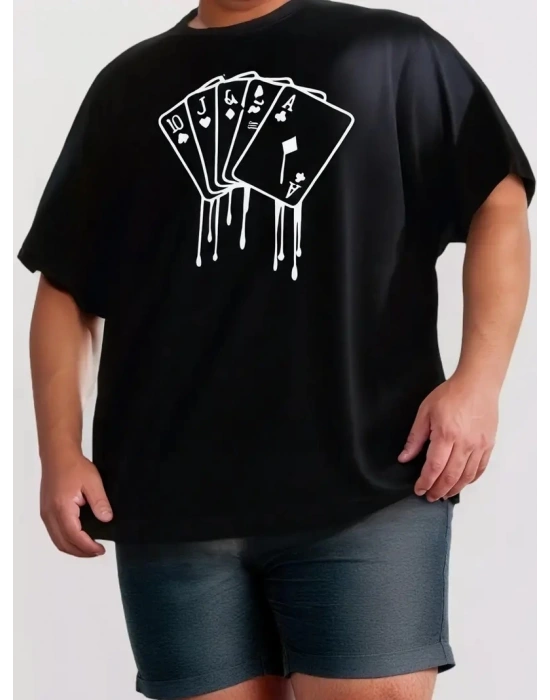 erkek büyük beden Kart baskılı düz renk kısa kollu bisiklet yaka tişört gündelik giyim - Siyah