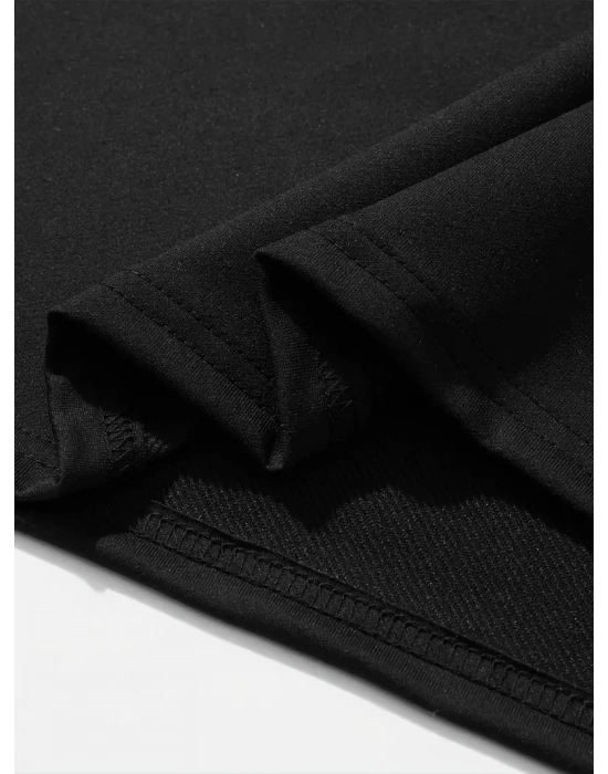 erkek büyük beden Kart baskılı düz renk kısa kollu bisiklet yaka tişört gündelik giyim - Siyah