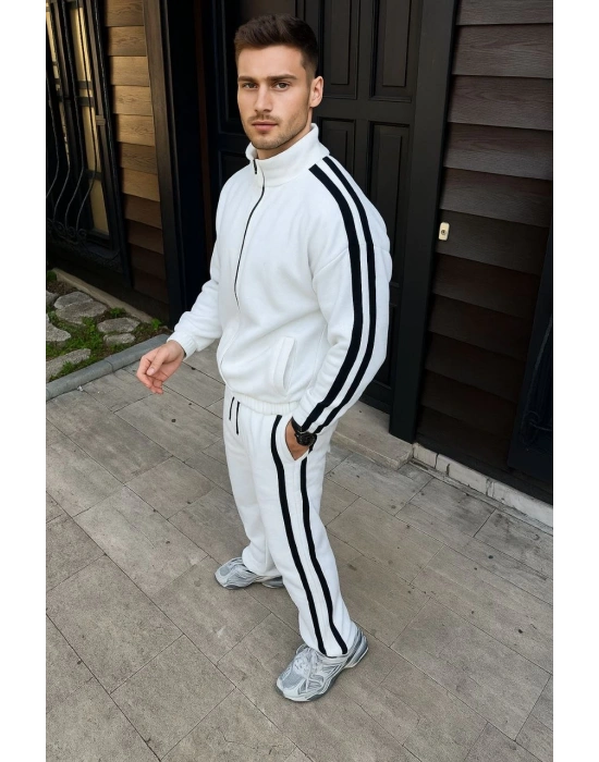 Erkek Çift Şeritli Eşofman Takım Dik Yaka Fermuarlı Sweatshirt Boru Paça Alt - Beyaz