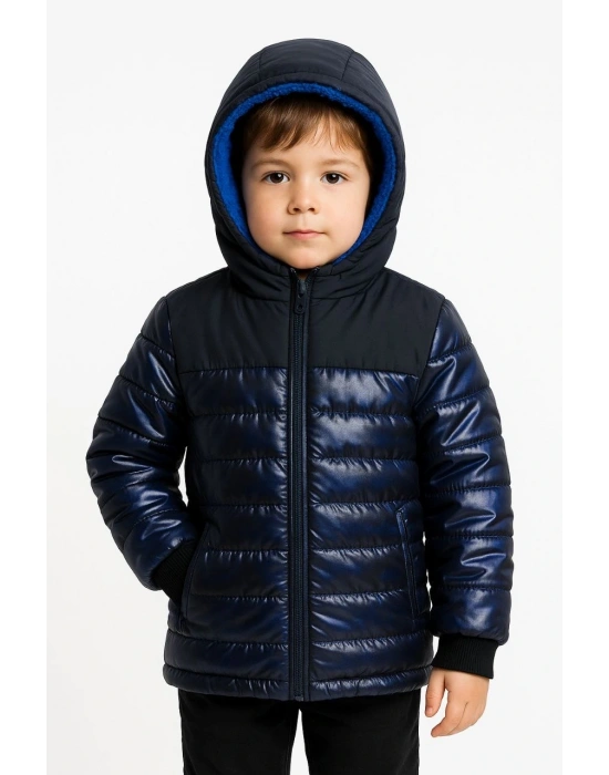 Erkek Çocuk Kamuflaj Desenli Mont İçi Sıcak Tutan Pelüş Astarlı Kapüşonlu - Lacivert