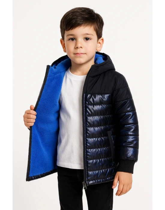 Erkek Çocuk Kamuflaj Desenli Mont İçi Sıcak Tutan Pelüş Astarlı Kapüşonlu - Lacivert