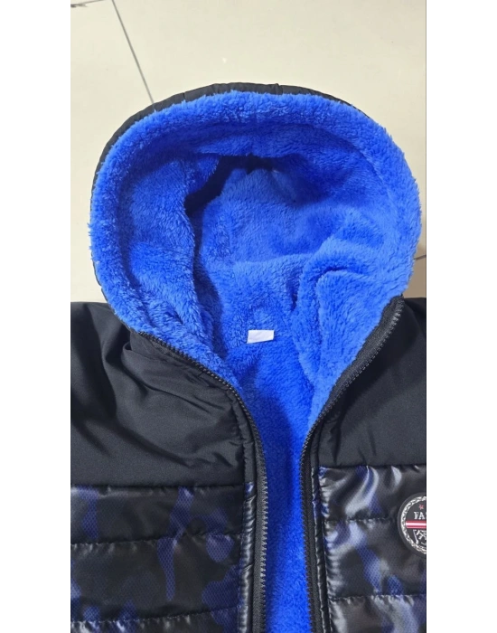 Erkek Çocuk Kamuflaj Desenli Mont İçi Sıcak Tutan Pelüş Astarlı Kapüşonlu - Lacivert