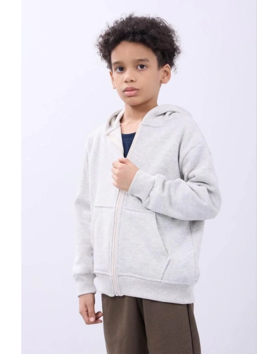 Erkek Çocuk Kapüşonlu Kanguru Çepli Tam Fermuarlı Hırka SweatShirt - Gri