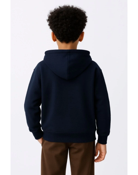 Erkek Çocuk Kapüşonlu Kanguru Çepli Tam Fermuarlı Hırka SweatShirt - Lacivert