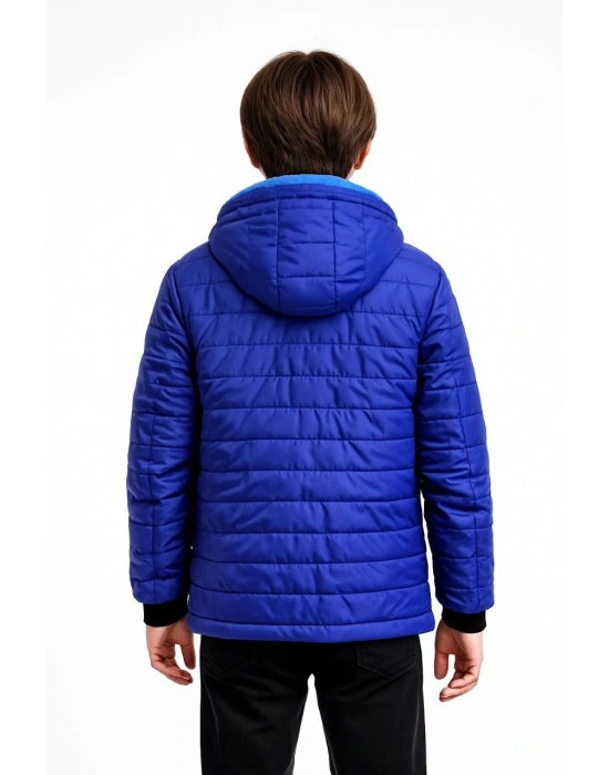 Erkek Çocuk Mont İçi Pelüş kürk Astarlı Kapüşonlu Fermuarlı Şişme Sıcak - Saks Mavisi