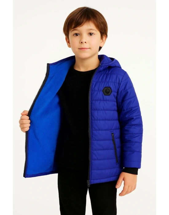 Erkek Çocuk Mont İçi Pelüş kürk Astarlı Kapüşonlu Fermuarlı Şişme Sıcak - Saks Mavisi