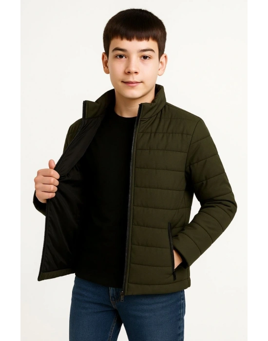 Erkek Çocuk Şişme Mont Hafif ve Sıcak Tutucu Fermuarlı Su İtici Mont Kapüşonuz - Haki