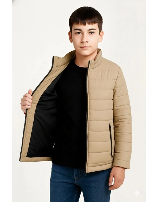 Erkek Çocuk Şişme Mont Hafif ve Sıcak Tutucu Fermuarlı Su İtici Mont Kapüşonuz - Bej