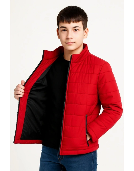 Erkek Çocuk Şişme Mont Hafif ve Sıcak Tutucu Fermuarlı Su İtici Mont Kapüşonuz - Kırmızı