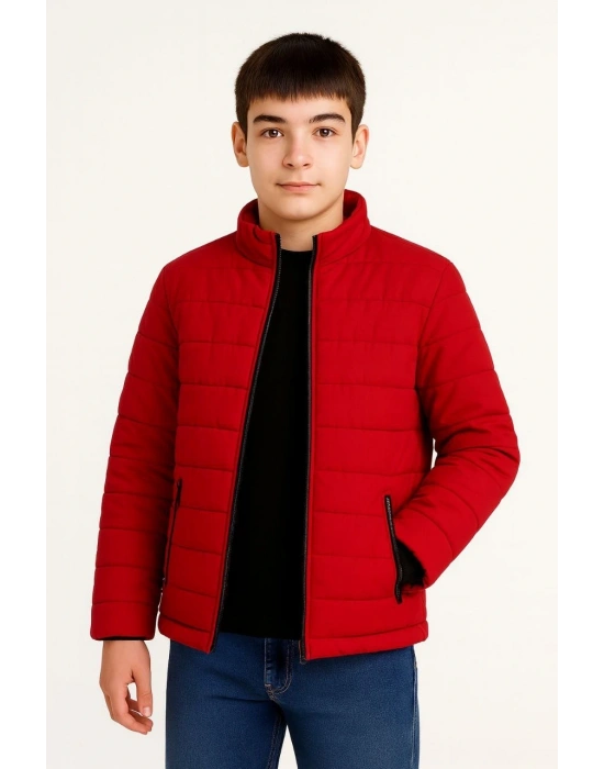 Erkek Çocuk Şişme Mont Hafif ve Sıcak Tutucu Fermuarlı Su İtici Mont Kapüşonuz - Kırmızı
