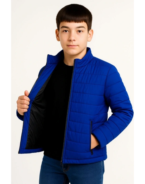 Erkek Çocuk Şişme Mont Hafif ve Sıcak Tutucu Fermuarlı Su İtici Mont - Saks Mavisi