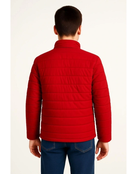 Erkek Çocuk Şişme Mont Hafif ve Sıcak Tutucu Fermuarlı Su İtici Mont Kapüşonuz - Kırmızı