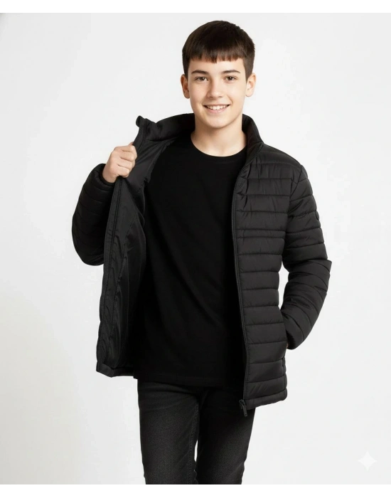 Erkek Çocuk Şişme Mont Hafif ve Sıcak Tutucu Fermuarlı Su İtici Mont Kapüşonuz - Siyah