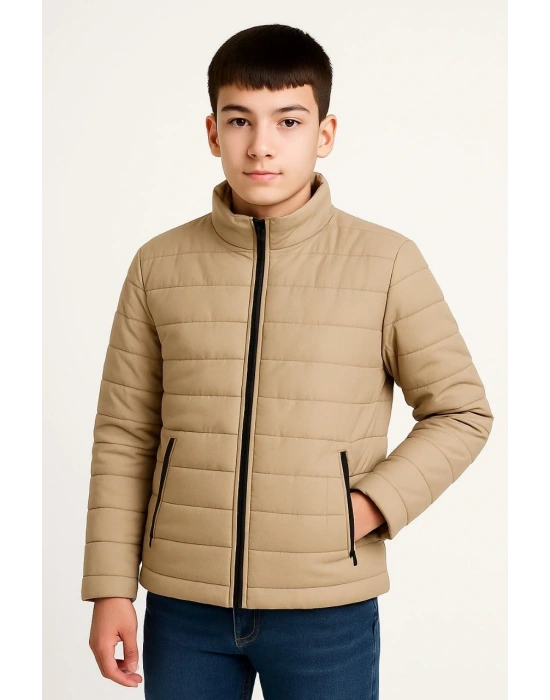 Erkek Çocuk Şişme Mont Hafif ve Sıcak Tutucu Fermuarlı Su İtici Mont Kapüşonuz - Bej