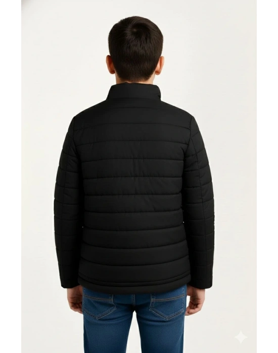 Erkek Çocuk Şişme Mont Hafif ve Sıcak Tutucu Fermuarlı Su İtici Mont Kapüşonuz - Siyah