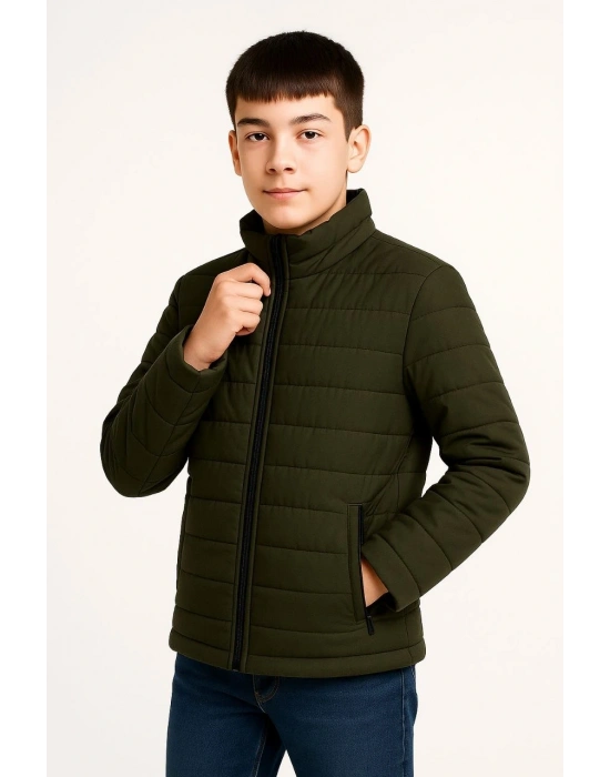 Erkek Çocuk Şişme Mont Hafif ve Sıcak Tutucu Fermuarlı Su İtici Mont Kapüşonuz - Haki