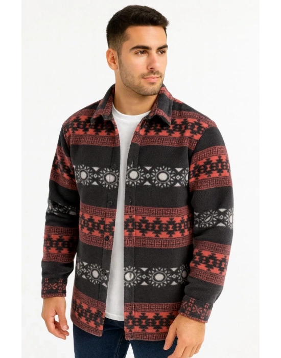 Erkek Desenli Polar Gömlek Etnik Şerit Desen Yakalı Uzun Kollu Düğmeli Oversize - Füme